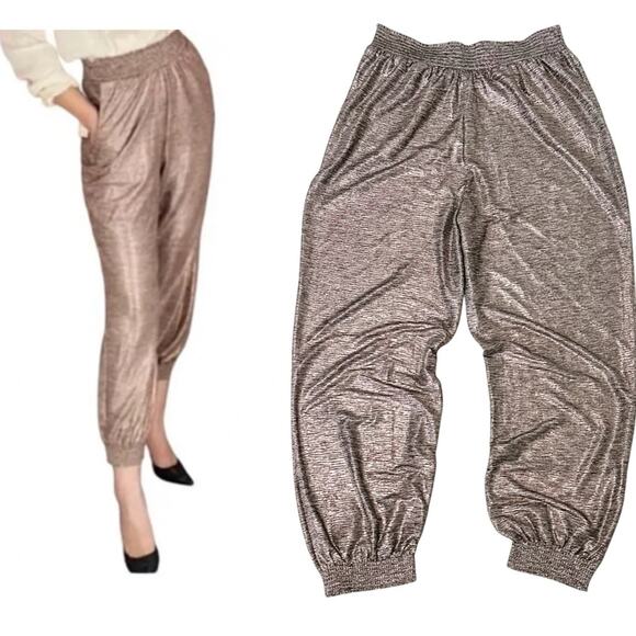 Anthropologie Melora Metallic Joggers Rose Gold Pink Baggy Chic Shimmer Large - Picture 1 of 7